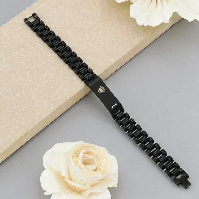 Original Rolex Crown Design Stylish Men's Stainless Steel Bracelet (Black)