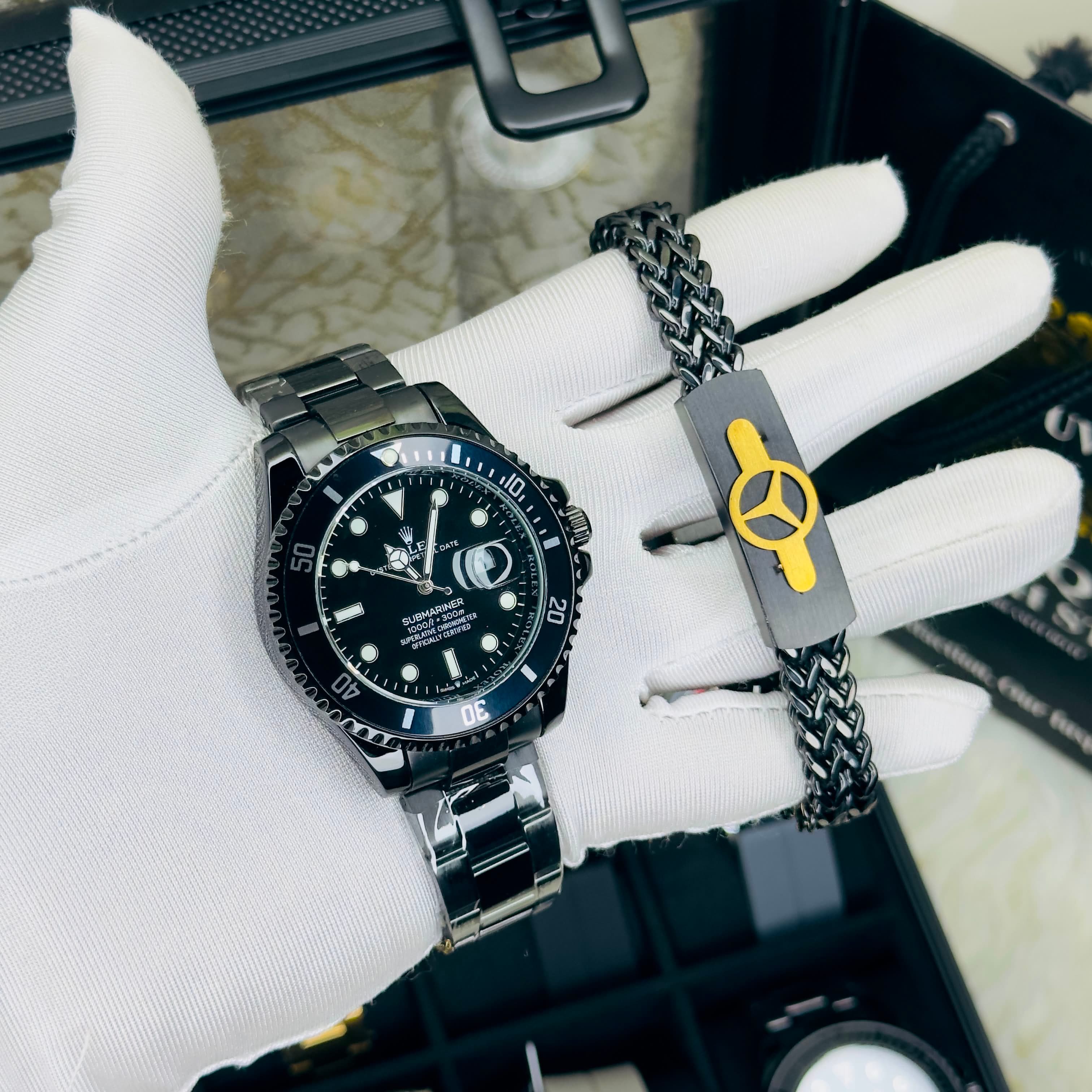 Rolex&Mercedes Watch & Bracelet Combo Full Black