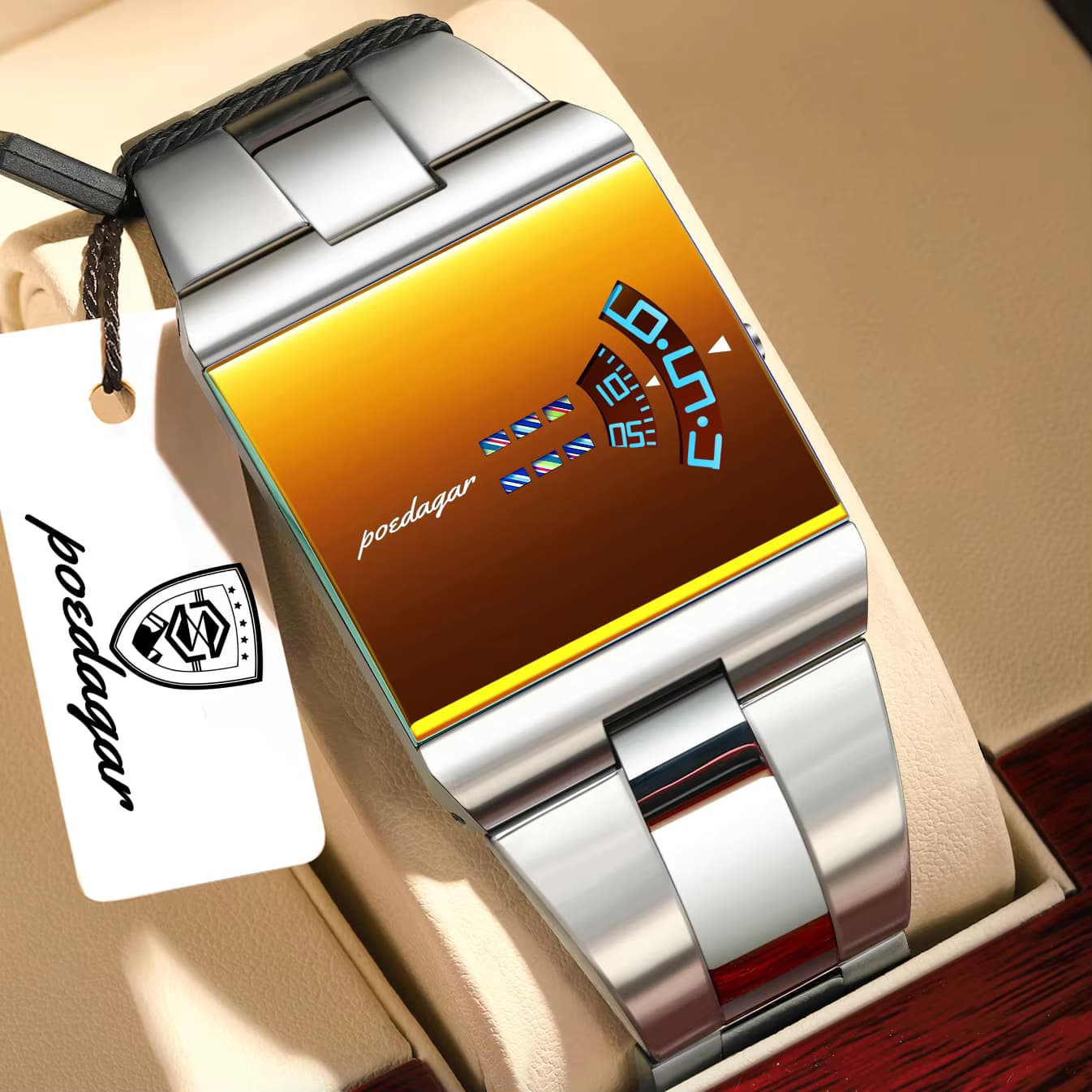 POEDAGAR 857 Top Rectangle Original Men’s Quartz Watch-Golden Dial Silver Chain