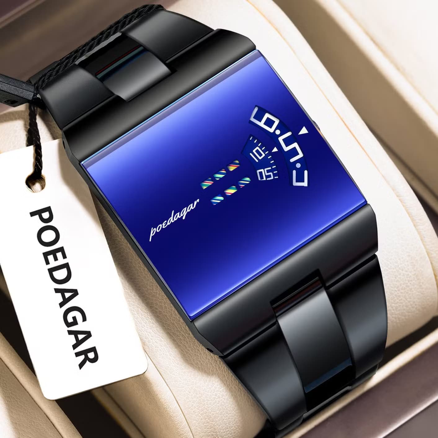 POEDAGAR 857 Top Rectangle Original Men’s Quartz Watch-Blue Dial Black Chain